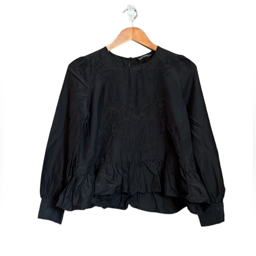 Zara silk blend black embroidered blouse